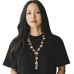 Gold Pearl Lariat Necklace Statement Mobwife Coquette Girl Dollette Vanilla Girl